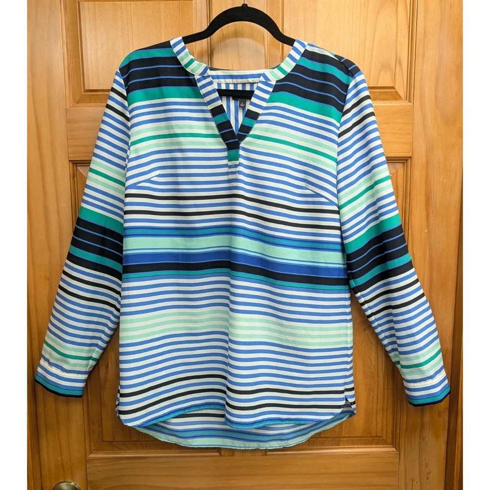 Talbots Women's Large Tunic Tab Button Sleeves Striped Workwear Top Blouse